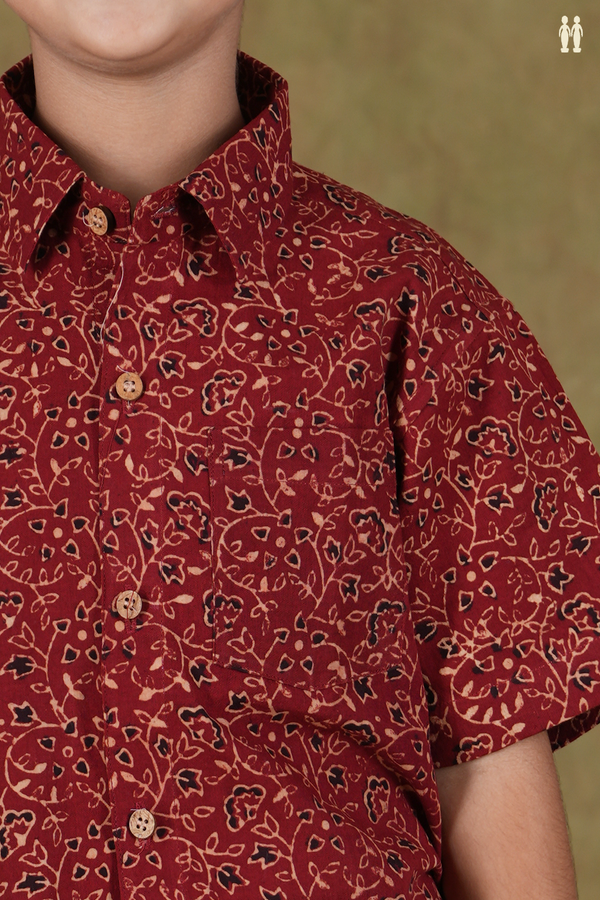 Regular Collar Floral Design Red Cotton Shirt