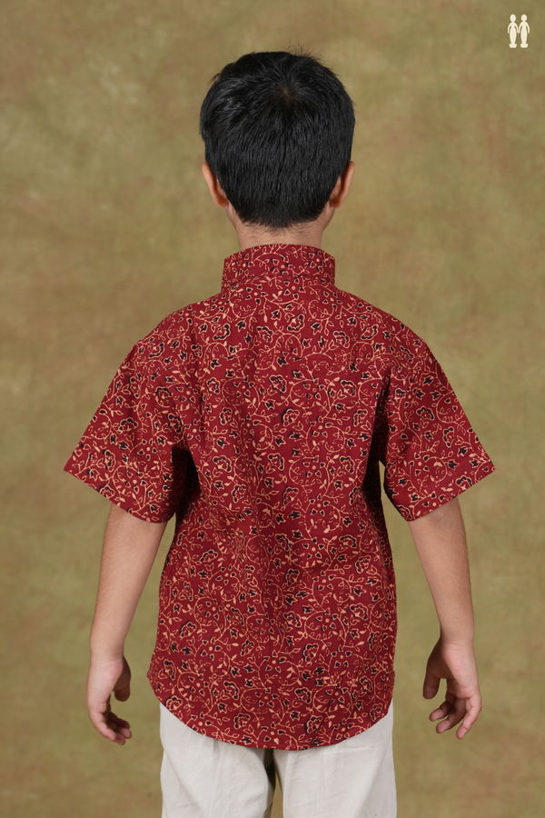 Regular Collar Floral Design Red Cotton Shirt