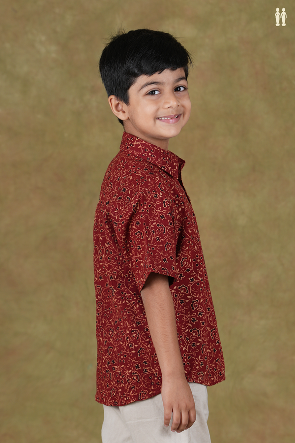 Regular Collar Floral Design Red Cotton Shirt