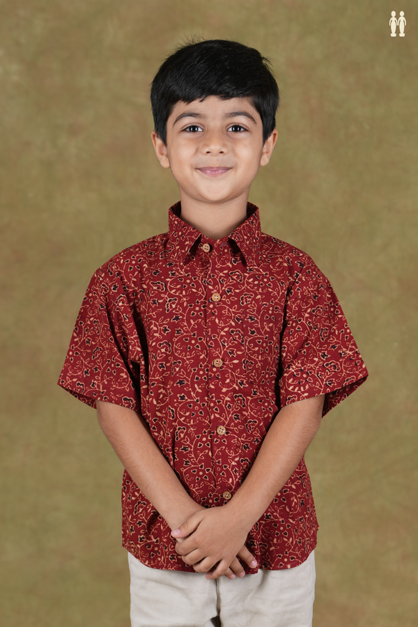 Regular Collar Floral Design Red Cotton Shirt
