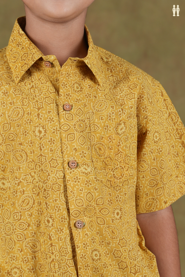 Regular Collar Printed Design Yellow Cotton Shirt