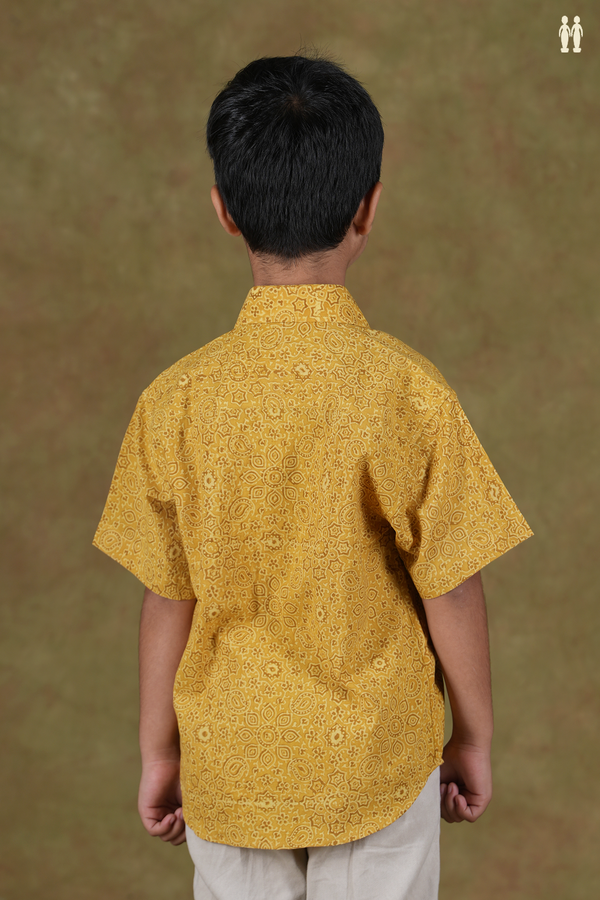 Regular Collar Printed Design Yellow Cotton Shirt
