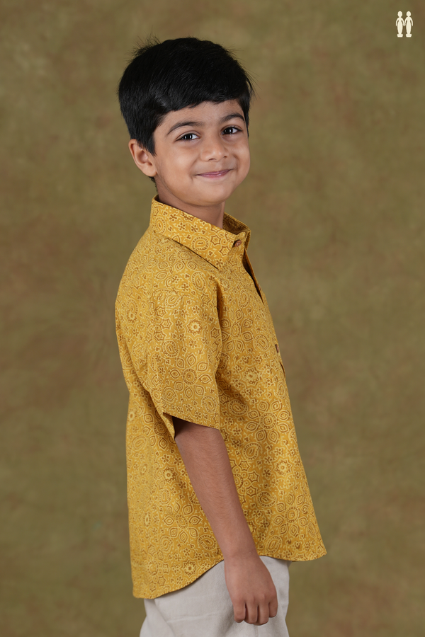 Regular Collar Printed Design Yellow Cotton Shirt