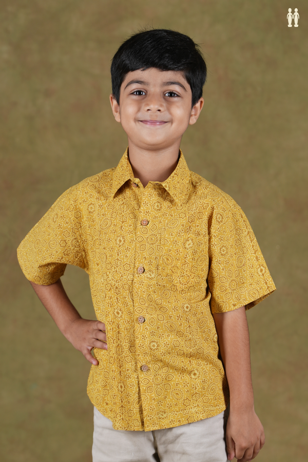 Regular Collar Printed Design Yellow Cotton Shirt