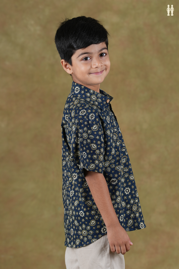 Regular Collar Printed Design Blue Cotton Shirts