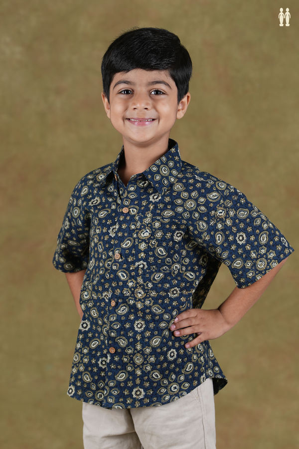 Regular Collar Printed Design Blue Cotton Shirts
