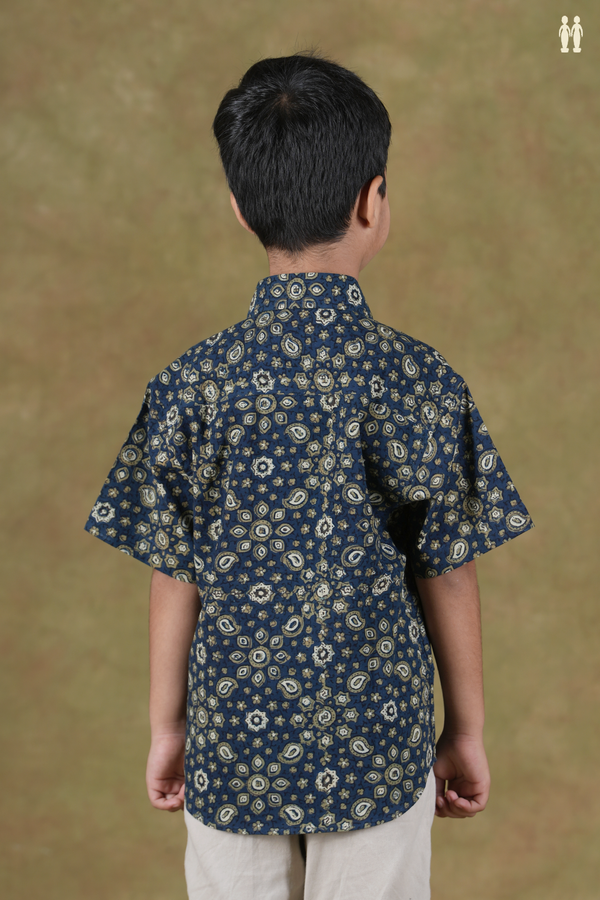 Regular Collar Printed Design Blue Cotton Shirts