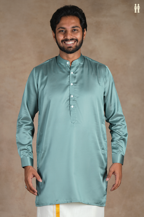 Chinese Collar Plain Turkish Blue Silk Short Kurta