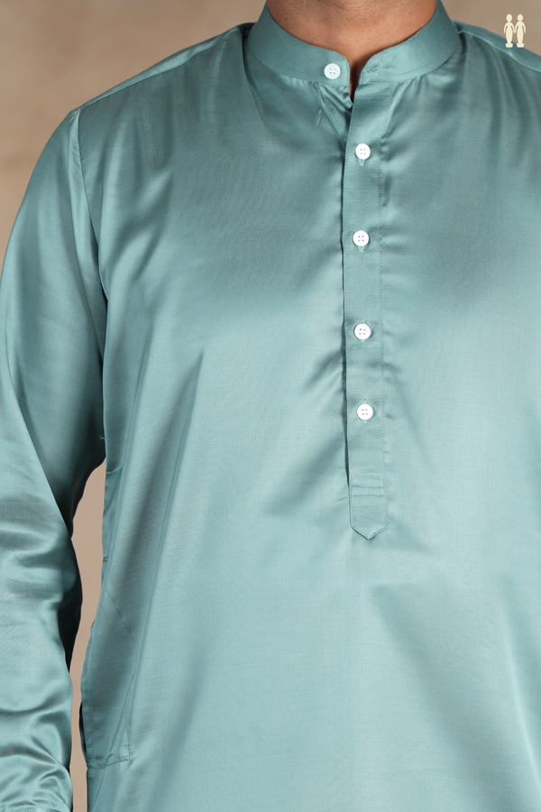 Chinese Collar Plain Turkish Blue Silk Short Kurta