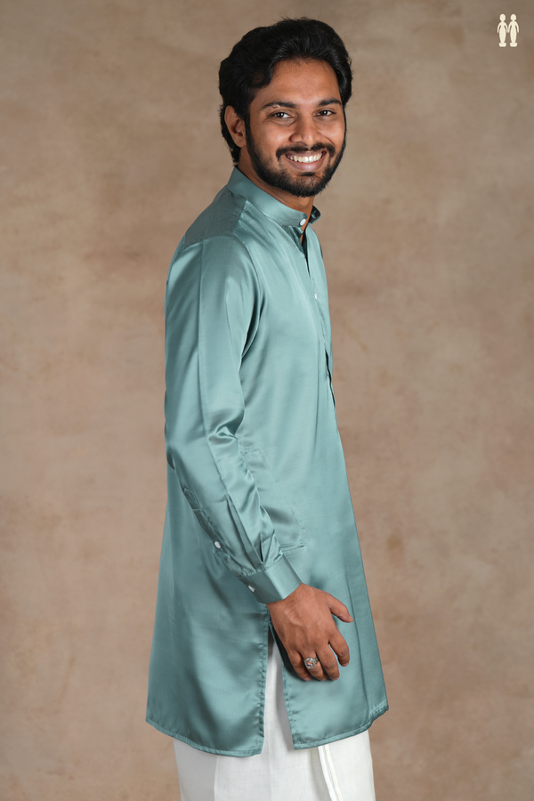 Chinese Collar Plain Turkish Blue Silk Short Kurta