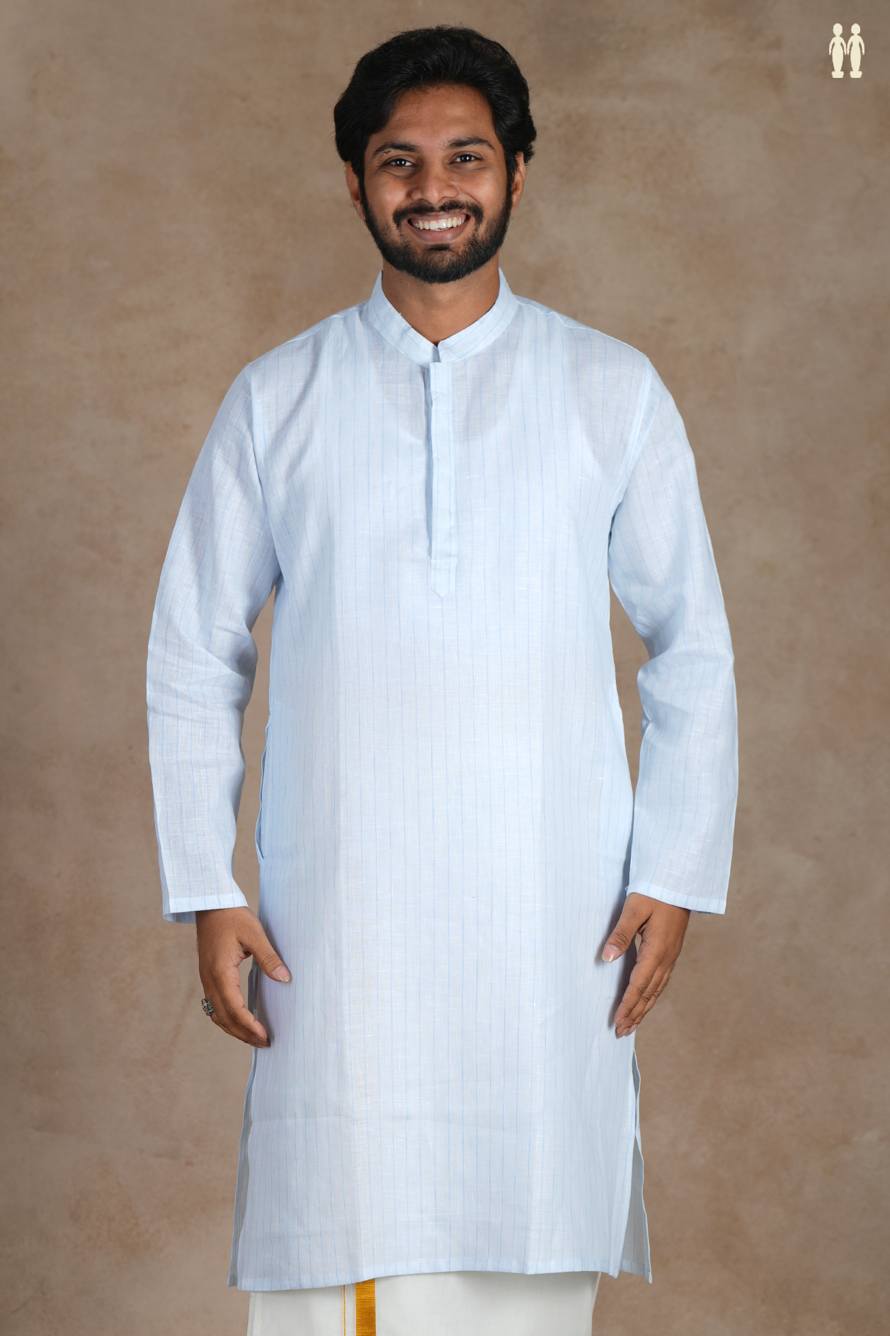 Chinese Collar Stripes Design Blue Linen Slim Fit Long Kurta