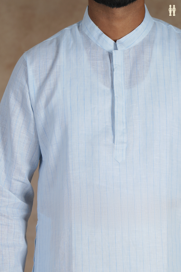 Chinese Collar Stripes Design Light Blue Linen Long Kurta