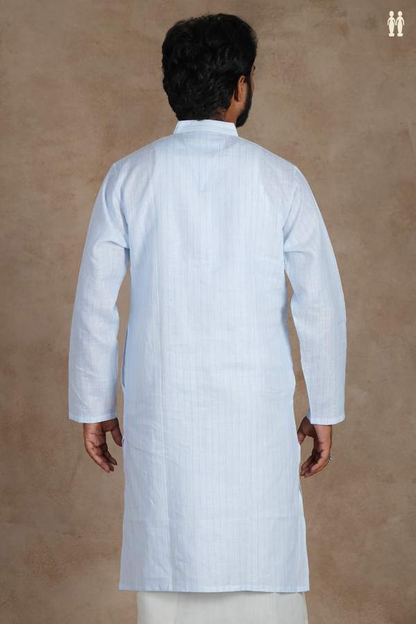 Chinese Collar Stripes Design Light Blue Linen Long Kurta