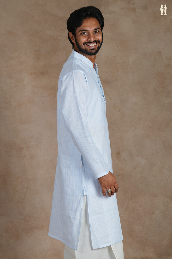 Chinese Collar Stripes Design Light Blue Linen Long Kurta