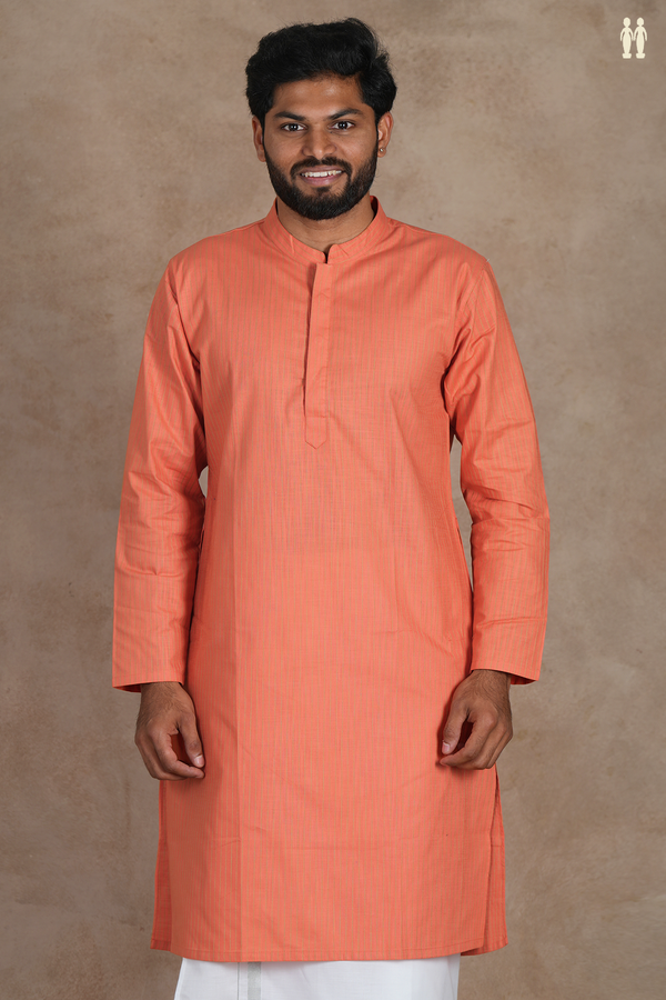 Chinese Collar Stripes Design Orange Linen Slim Fit Long Kurta