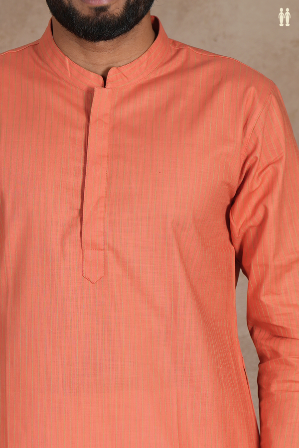 Chinese Collar Stripes Design Orange Linen Slim Fit Long Kurta