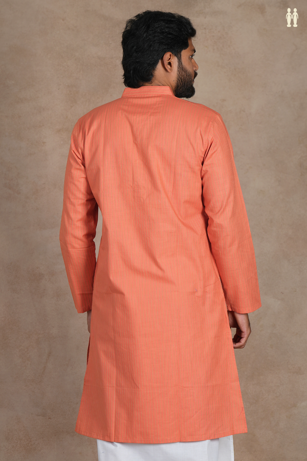 Chinese Collar Stripes Design Orange Linen Slim Fit Long Kurta