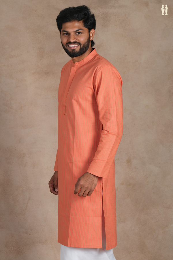 Chinese Collar Stripes Design Orange Linen Slim Fit Long Kurta
