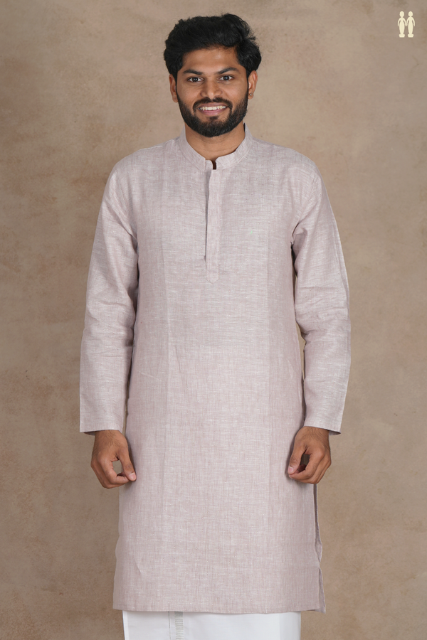 Chinese Collar Stripes Design Dusty Beige Linen Long Kurta