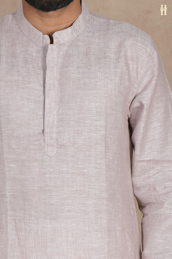 Chinese Collar Stripes Design Dusty Beige Linen Long Kurta