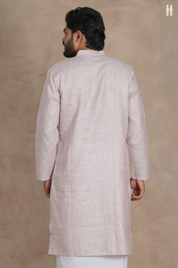Chinese Collar Stripes Design Dusty Beige Linen Long Kurta