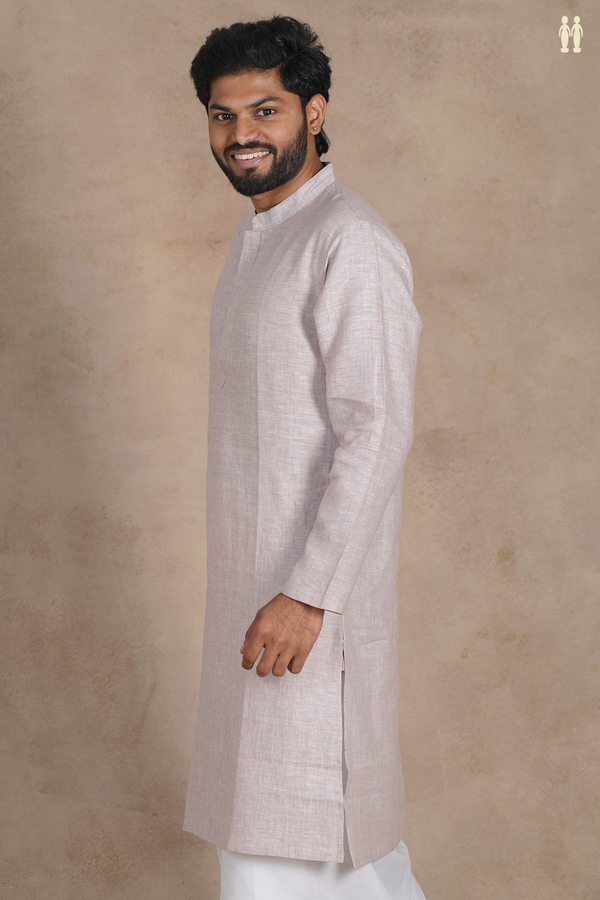 Chinese Collar Stripes Design Dusty Beige Linen Long Kurta