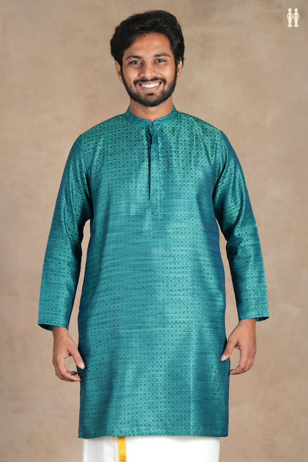 Chinese Collar Threadwork Bluish Green Semi Banaras Long Kurta