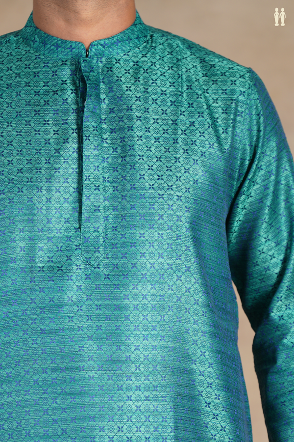 Chinese Collar Threadwork Bluish Green Semi Banaras Long Kurta