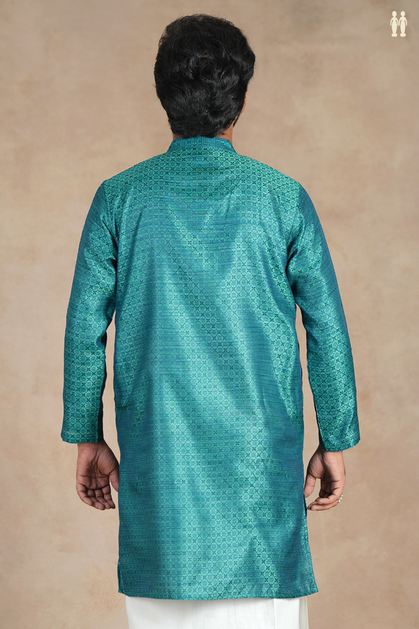 Chinese Collar Threadwork Bluish Green Semi Banaras Long Kurta
