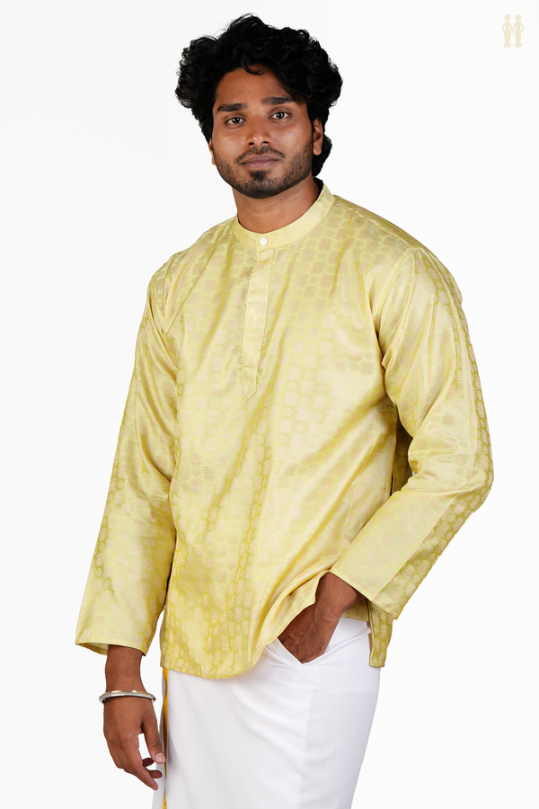 Chinese Collar Threadwork Design Green Beige Banarasi Short Kurta