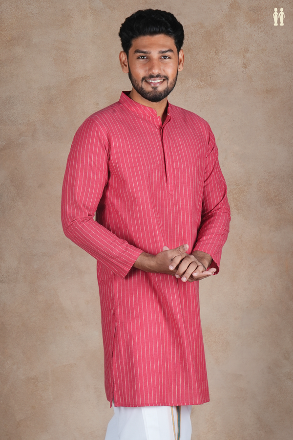 Chinese Collar Stripes Design Pink Cotton Long Kurta