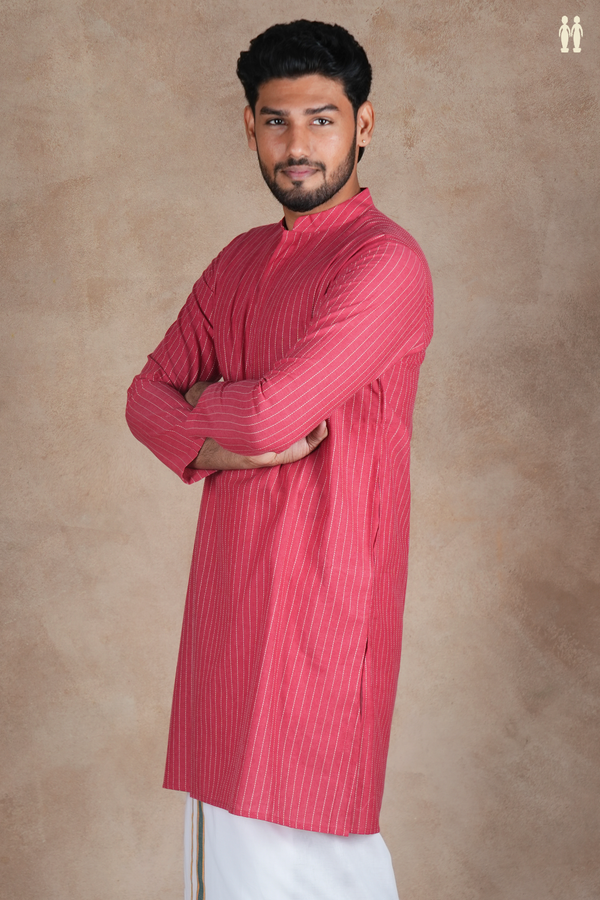 Chinese Collar Stripes Design Pink Cotton Long Kurta