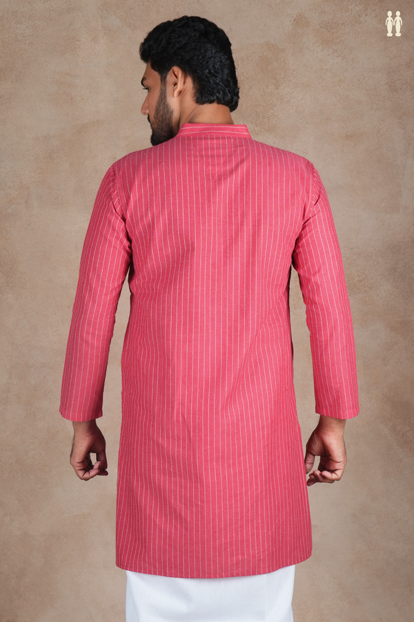 Chinese Collar Stripes Design Pink Cotton Long Kurta