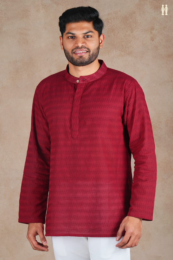 Chinese Collar Threadwork Design Red Cotton Short Kurta