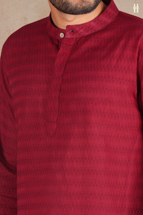 Chinese Collar Threadwork Design Red Cotton Short Kurta
