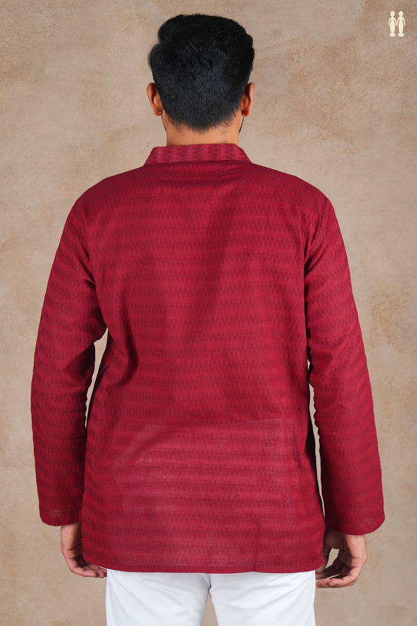 Chinese Collar Threadwork Design Red Cotton Short Kurta