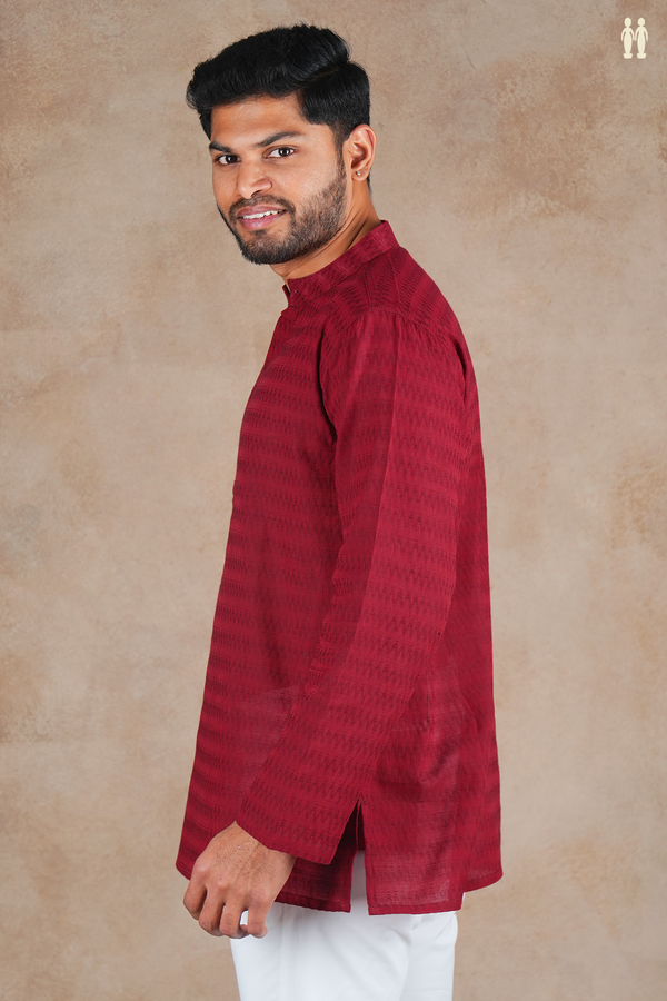 Chinese Collar Threadwork Design Red Cotton Short Kurta