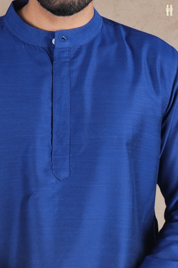 Chinese Collar Plain Royal Blue Raw Silk Short Kurta
