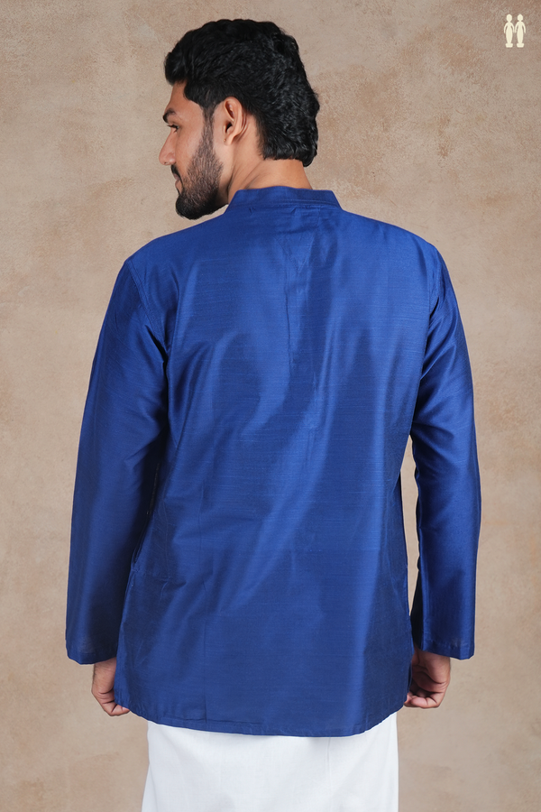 Chinese Collar Plain Royal Blue Raw Silk Short Kurta