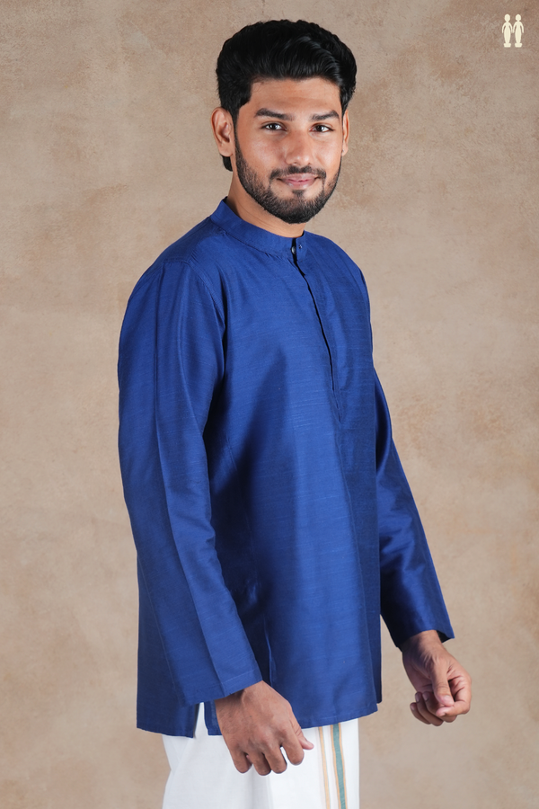 Chinese Collar Plain Royal Blue Raw Silk Short Kurta