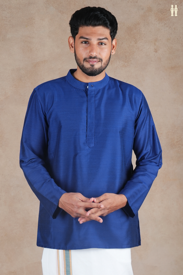 Chinese Collar Plain Royal Blue Raw Silk Short Kurta