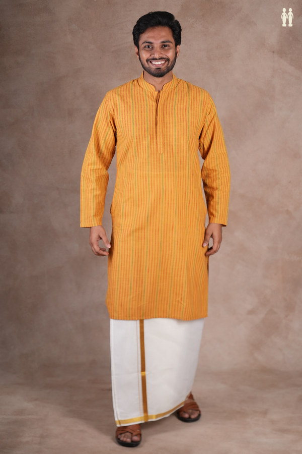 Chinese Collar Stripes Design Mustard Yellow Cotton Long Kurta