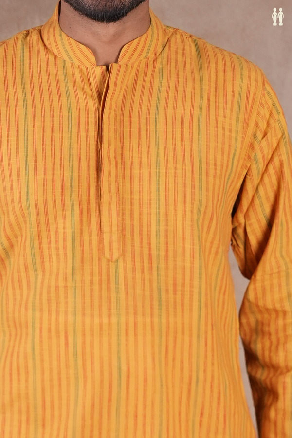 Chinese Collar Stripes Design Mustard Yellow Cotton Long Kurta
