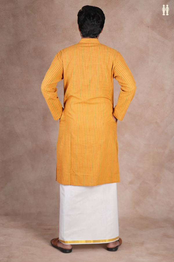 Chinese Collar Stripes Design Mustard Yellow Cotton Long Kurta