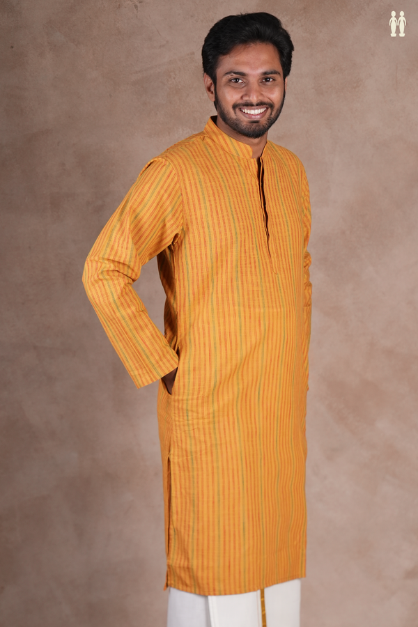 Chinese Collar Stripes Design Mustard Yellow Cotton Long Kurta