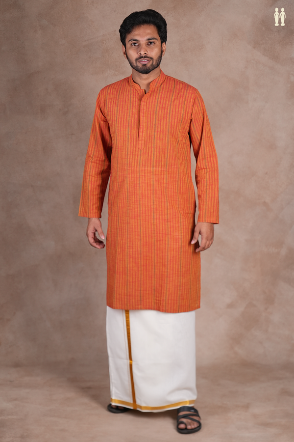 Chinese Collar Stripes Design Spiced Orange Cotton Long Kurt