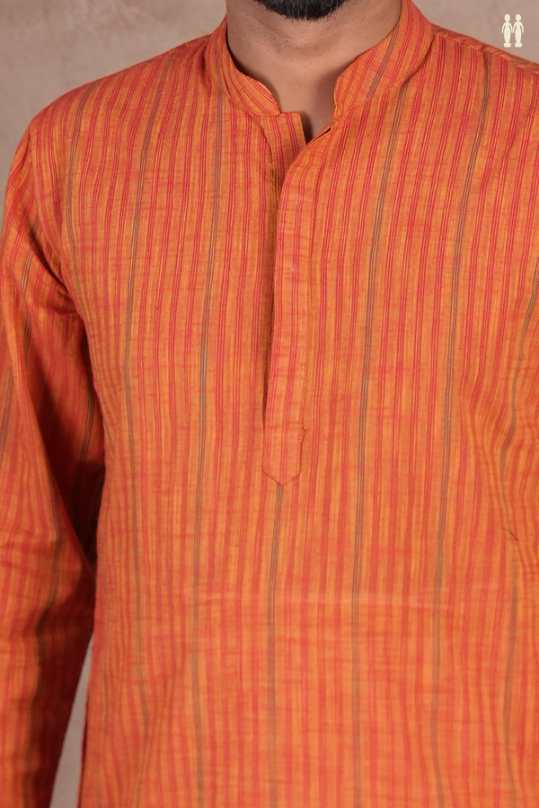 Chinese Collar Stripes Design Spiced Orange Cotton Long Kurt