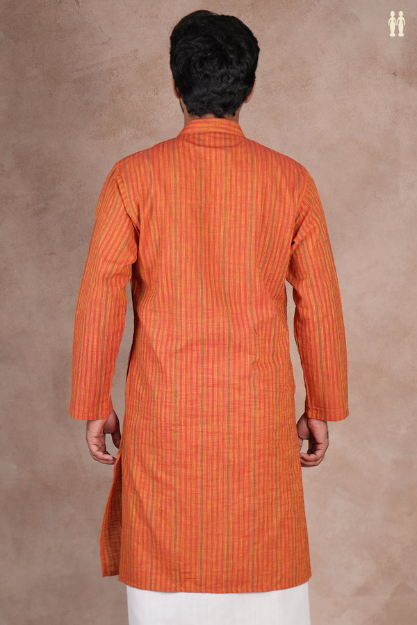 Chinese Collar Stripes Design Spiced Orange Cotton Long Kurt