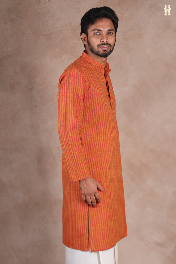 Chinese Collar Stripes Design Spiced Orange Cotton Long Kurt