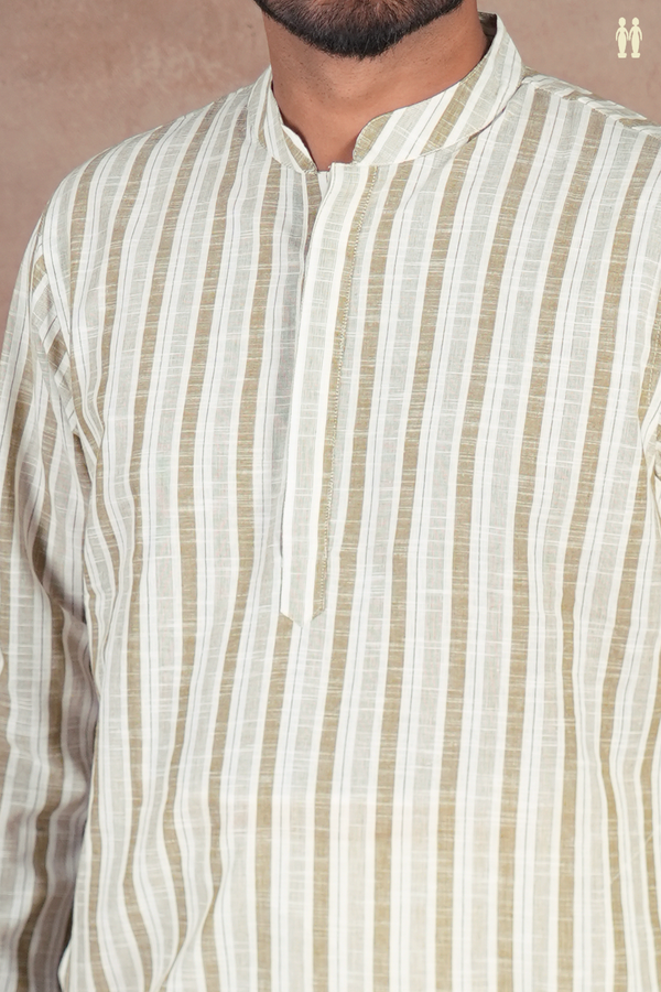 Chinese Collar Stripes Design White And Green Cotton Long Kurta